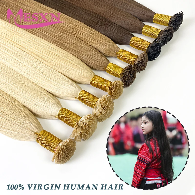 MESXN-Virgin Flat Tip extensões de cabelo, 100% cabelo humano real, extensões de cabelo fusão, cor loura marrom, 1g/Strand, 14-22in