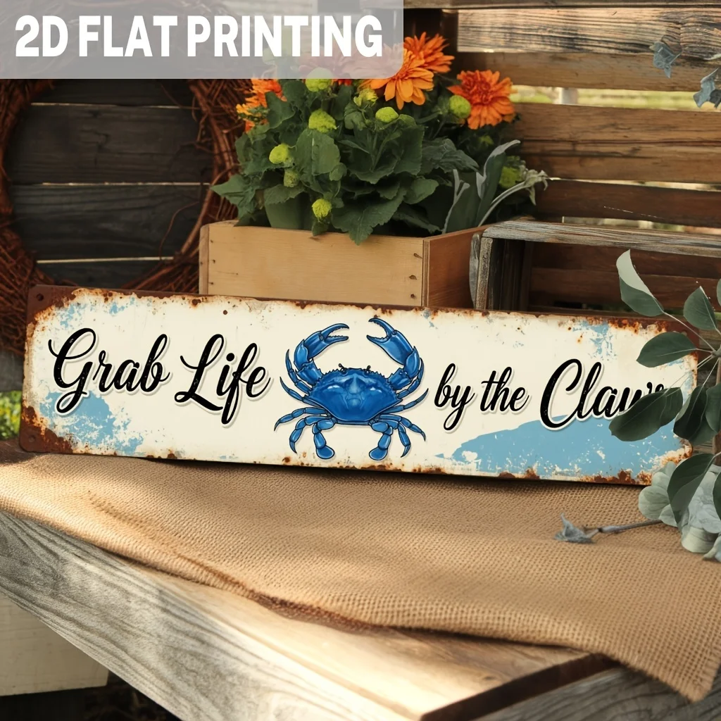Vintage Metal Sign, Grab Life by the Claws Blue Crab Wall Art for Coastal Decor, Rustic Beach House, Kitchen Backsplash