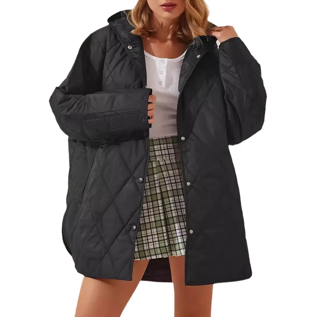 Women's Winter Mid To Long Casual Loose Artistic Jacket, Quilted Cotton Coat, Dia Grid Hooded Lightweight Jacket