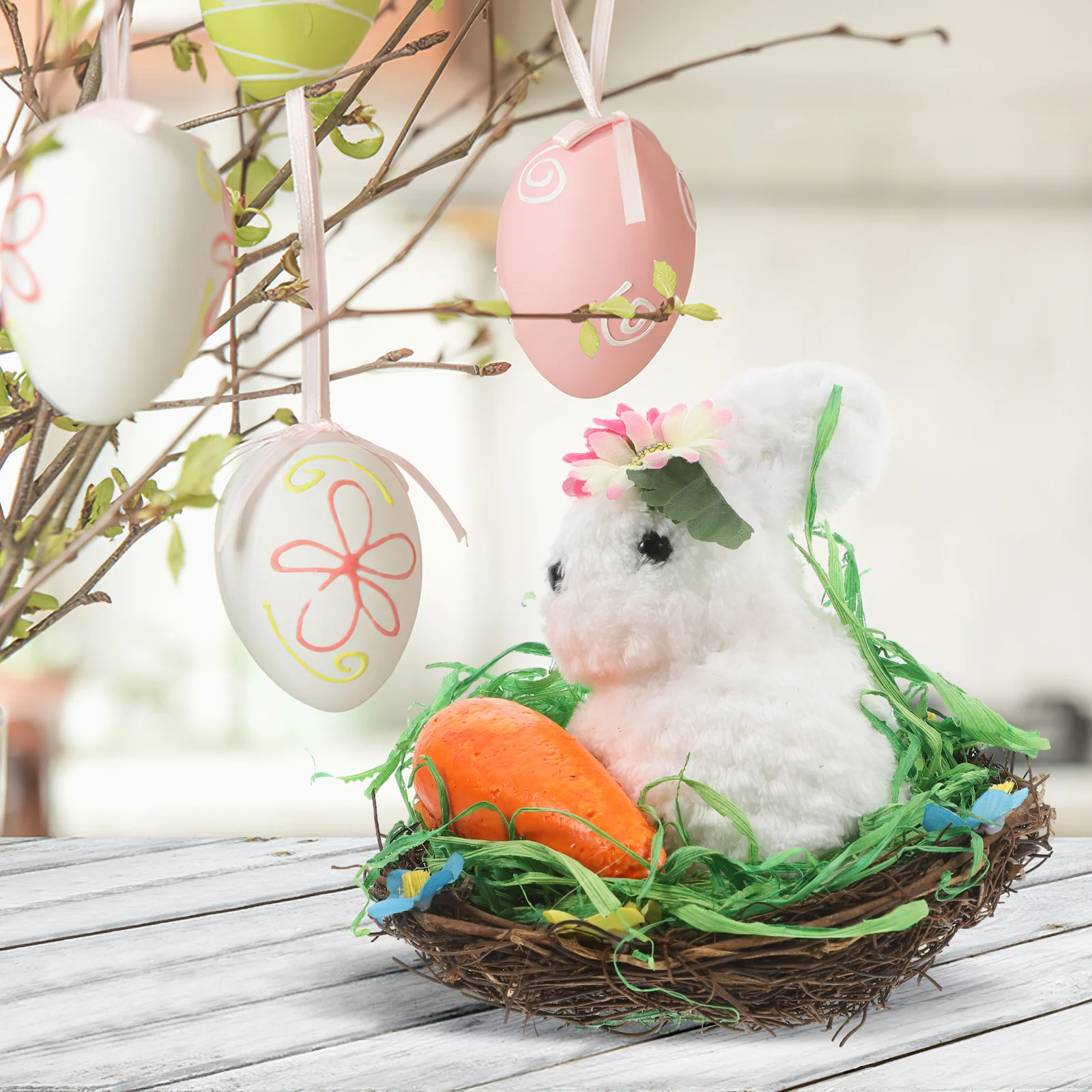 

Easter Bunny Tabletop Ornament Woven Rabbit Rustic Carrot Decoration Handcrafted Easter Prop Indoor Centerpiece