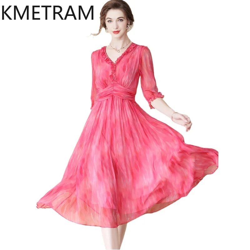 

KMETRAM 100% Mulberry Silk Dress Pink V-neck Long Dresses Women High Quality Summer Birthday Dress Woman Clothes 2026 Vestidos