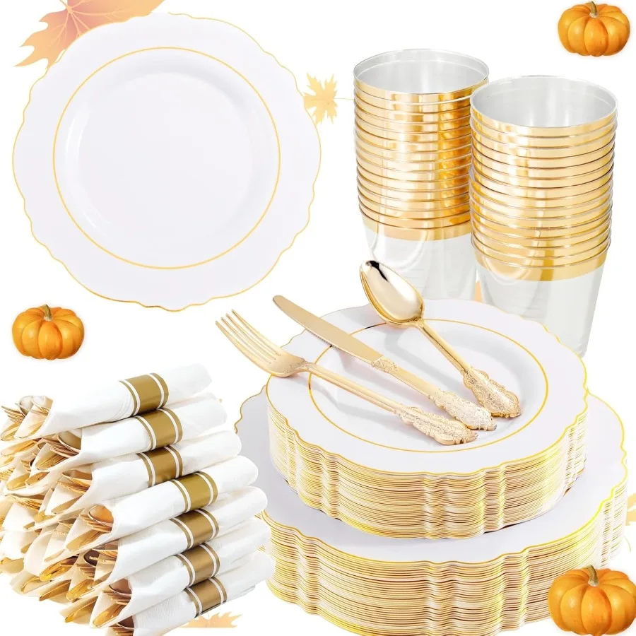 

350 шт. золотые пластиковые тарелки, одноразовые белые и золотые тарелки, пластиковая посуда в стиле барокко, в комплект входят 100 тарелок, 50 упаковок, предварительный рулон