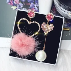 FYUAN Fashion Love Heart Asymmetry Crystal Dangle Earrings Pink Fur Ball Rhinestone Drop Earrings for Women Jewelry Gift