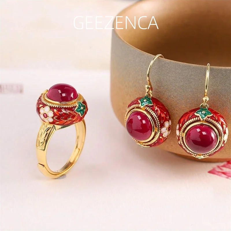 

GEEZENCA Round Red Corundum 925 Silver Enamel Flower Jewelry Set With Earrings And Ring For Women Vintage Luxury Christmas Gift