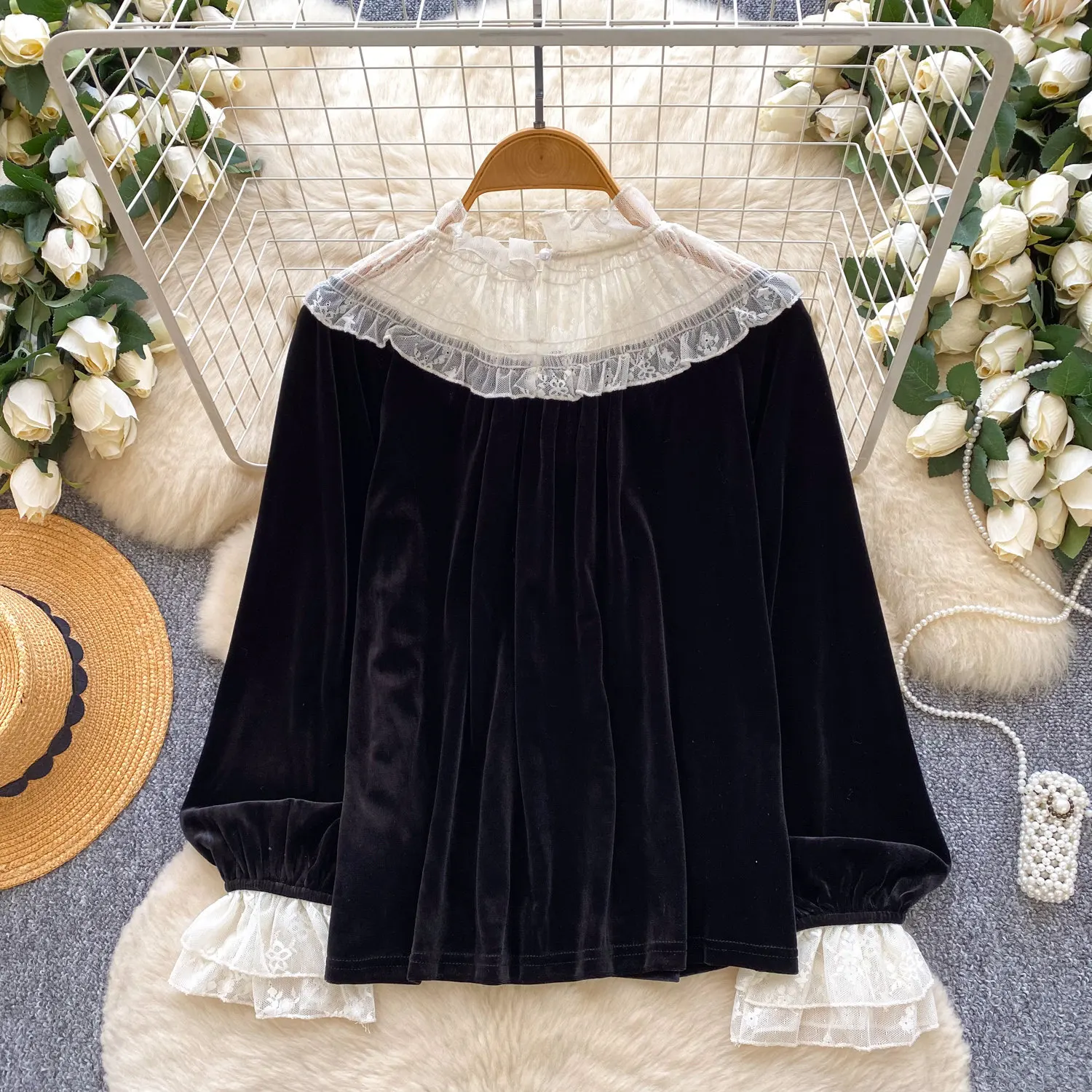 Vintage basics long sleeve velour lace Blouse Korean Fashion Sexy office lady Shirt  women clothing