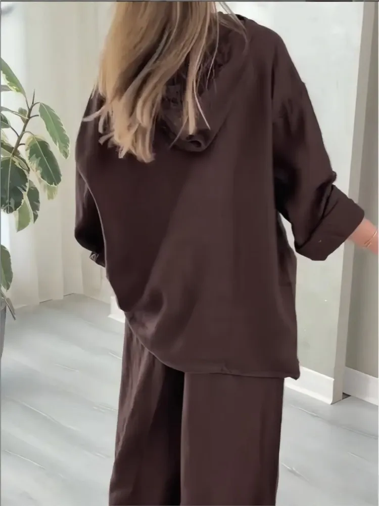 New Autumn And Winter Hooded Half-zipper Top Wide-leg Pants Large Size Suit Fashionable Casual Loose Solid Color Trousers Set