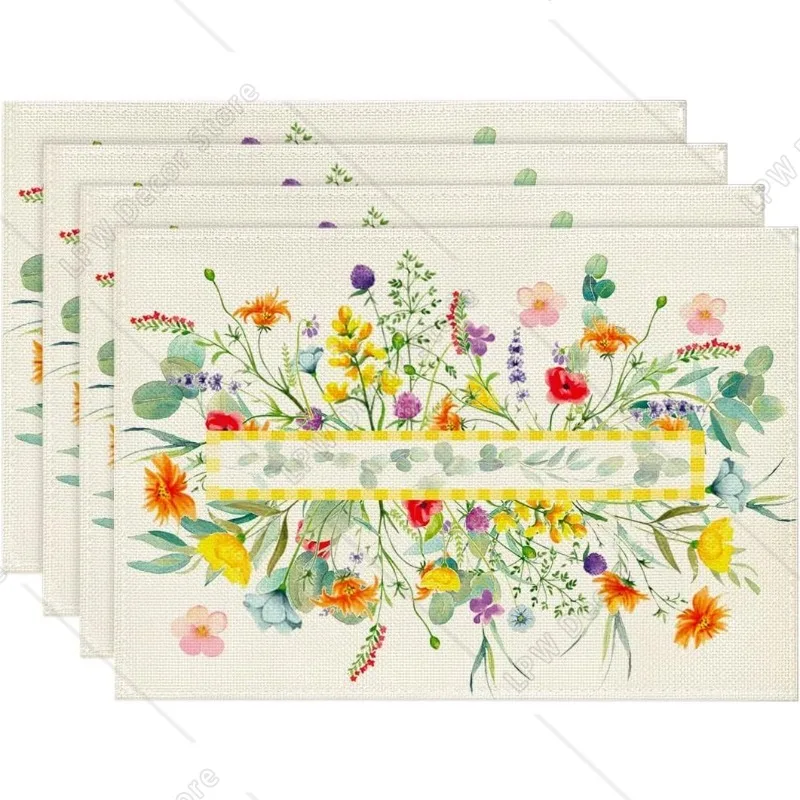 

4/6 шт. полевые цветы, листья эвкалипта, салфетки для обеденного стола, весна-лето, сезонное украшение, моющиеся коврики для стола в деревенском стиле