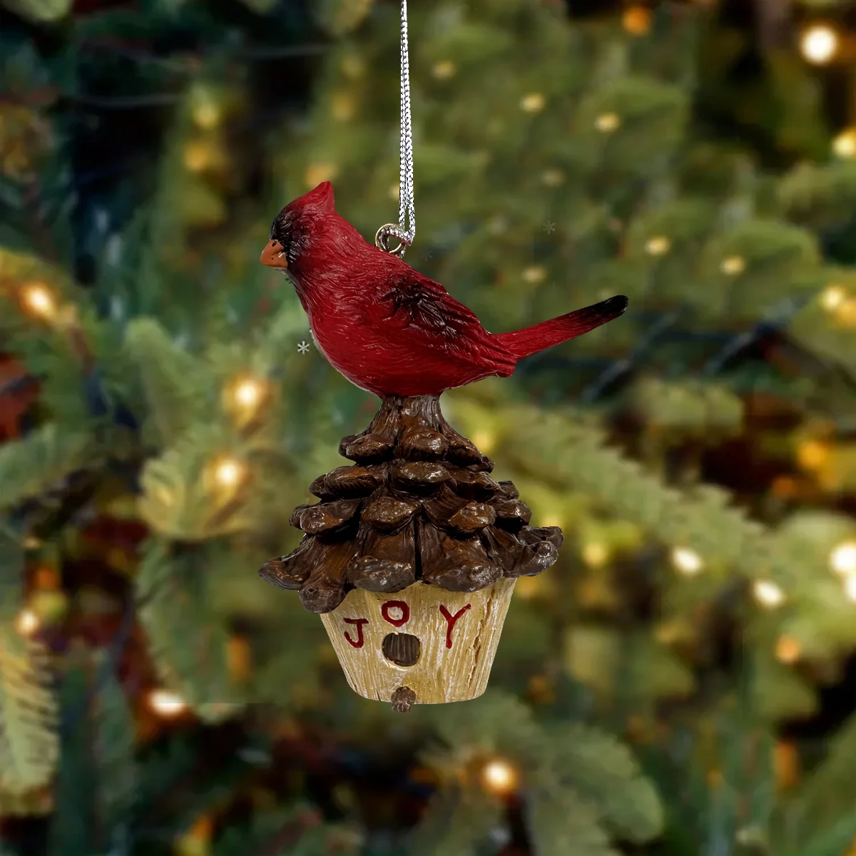 1pc, Red bird ornament standing on pine cones, resin, Christmas decoration, home decoration, Christmas tree decoration ornament