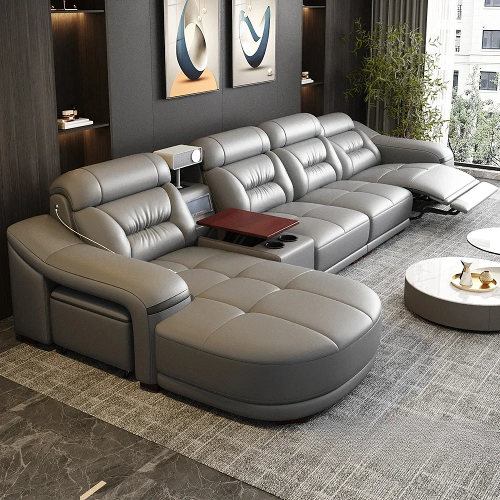 Genuine Leather Living Room Sofas Power Reclining Couch Electric Recliners With Projector, USB, Speaker & Cup Holder