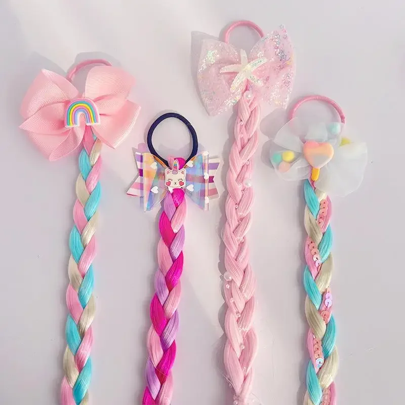 Hot Unicorn Cute Wigs Ponytail For Kids Girl Candy Color Cartoon Butterfly Bow Ponytail Hair Styling Rubber Bands Headwear Brai view 3