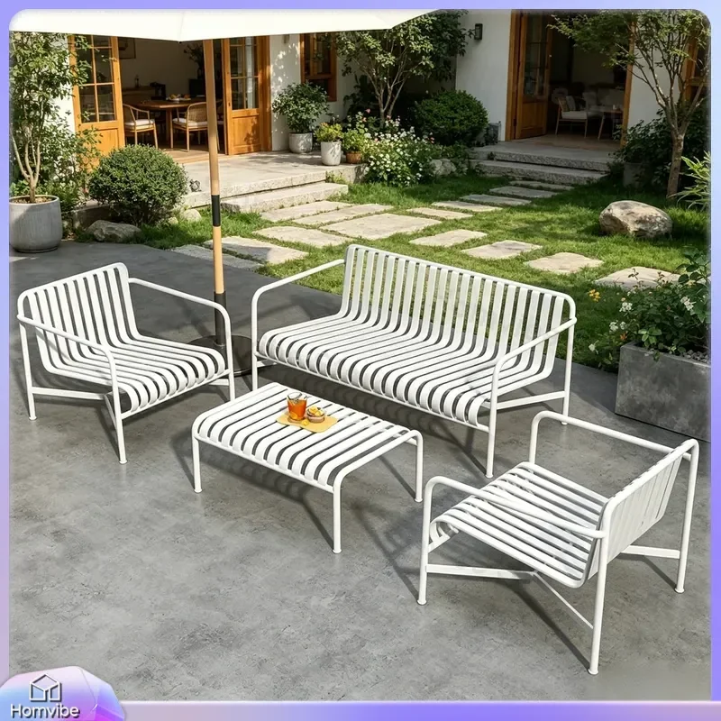Nordic Wrought Iron Outdoor Table and Chair Set Garden Patio Furniture Courtyard Leisure Dining Backrest Bench for Cafe Milk