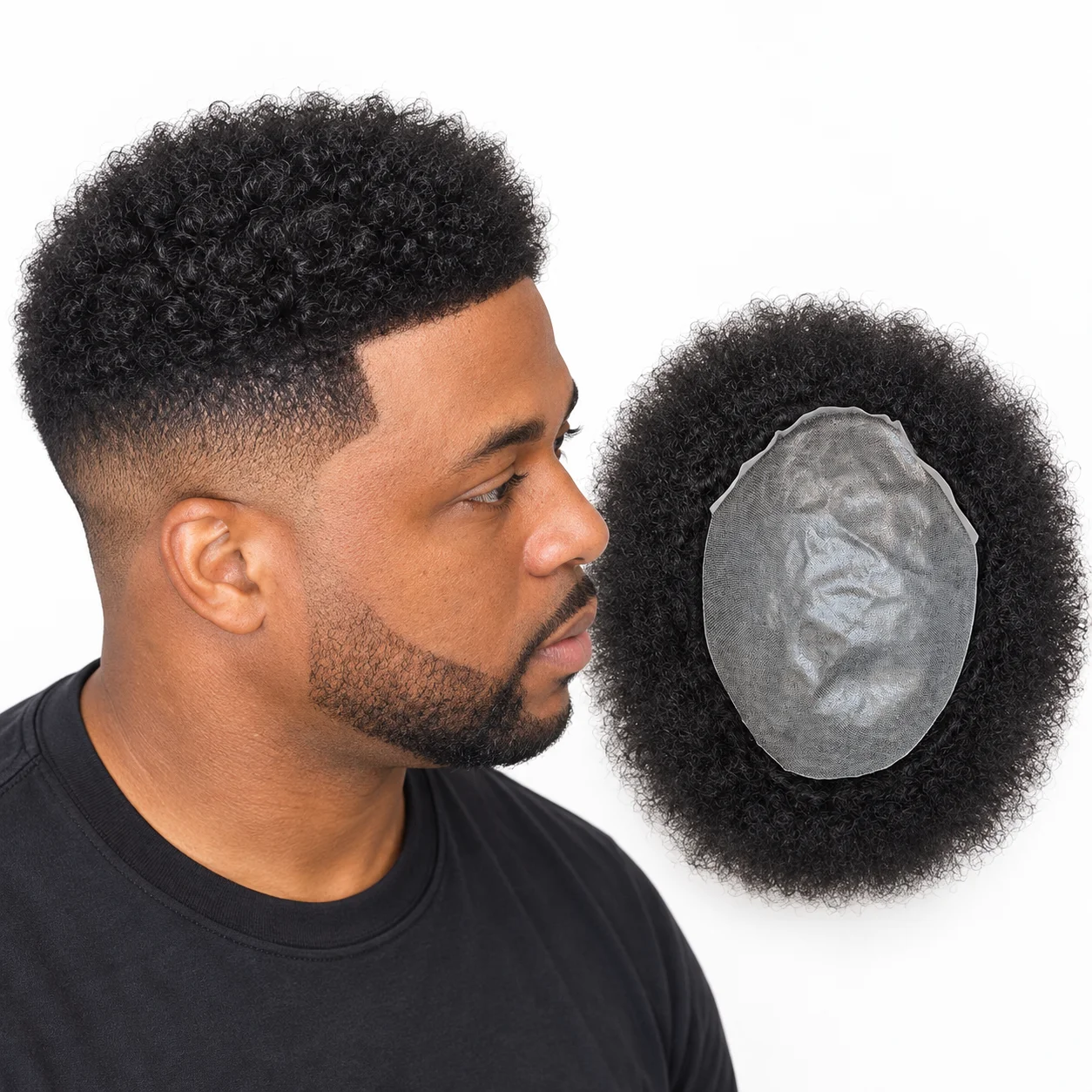 Afro Kinky Curly 360 Wave Toupee for Black Men Full Skin PU 6mm 8x10 Human Hair Piece Replacement System