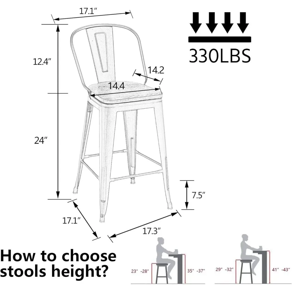 Alunaune 24" Swivel Metal Bar Stools Set of 4 High Back Counter Height Barstools Industrial Dining Bar Chairs with Large Wooden