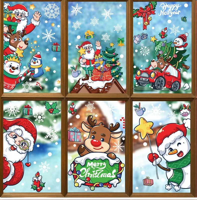 Pegatinas navideñas, nuevas pegatinas estáticas de dibujos animados de Papá Noel, pegatinas de cristal para puerta y ventana de muñeco de nieve de Navidad, regalos de navidad