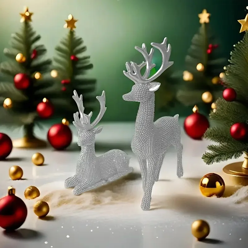 2Pcs Christmas Reindeer Sculpture Geometric Resin Sitting Standing Elk Deer Figurine Christmas Ornament Home Living Room Decor