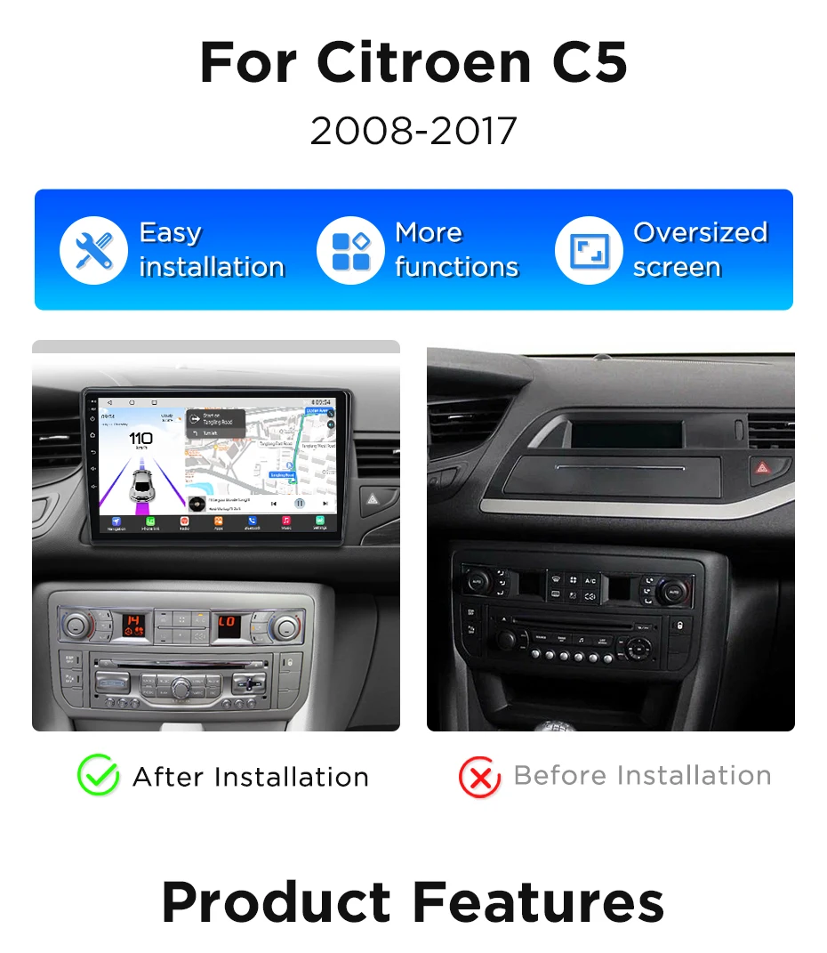 Junsun 360° ° Panoramakamera Autoradio für Citroen C5 2008–2017 Wireless CarPlay Bildschirm Android Auto Stereo GPS Navi RDS BT – Detail 3