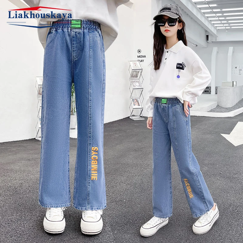 Kids Denim Pants Letter Pattern Girls Wide Leg Jeans Casual Style Children Jeans Spring Autumn Girls Clothing For 100-160cm