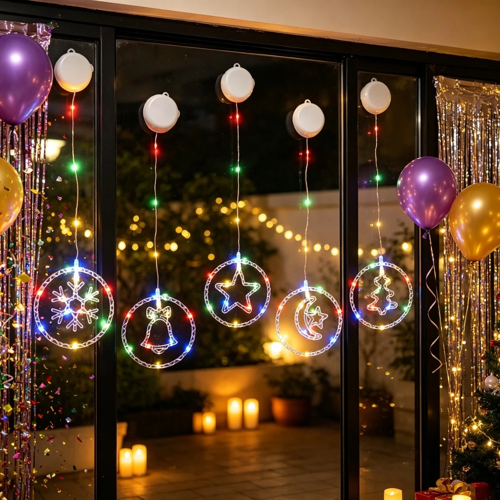 Christmas Suction Cup Window Lights, LED Hanging Star Snowflake Bell Moon Tree String Lights, for Shop Home Indoor Holiday Decor