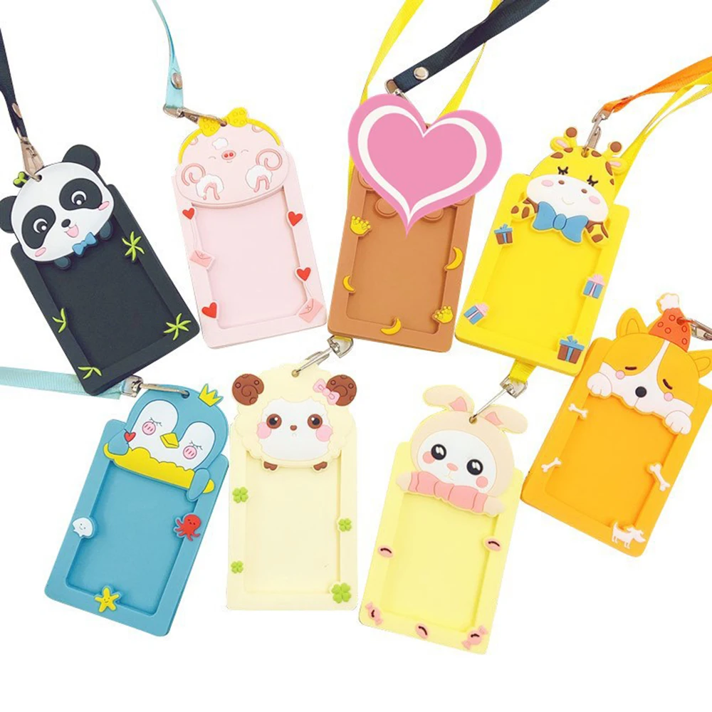 Student Bus Card School Office Supplies with Rope Work Card Silicone ID Badge Card Holder Protector Cover