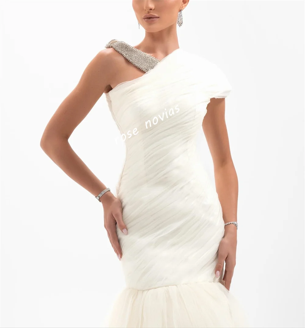 Robe longue de forme sirène pour femmes, personnalisée, plissée en filet, paillettes, épaules dénudées, sur mesure, élégante, robe de soirée de mariage