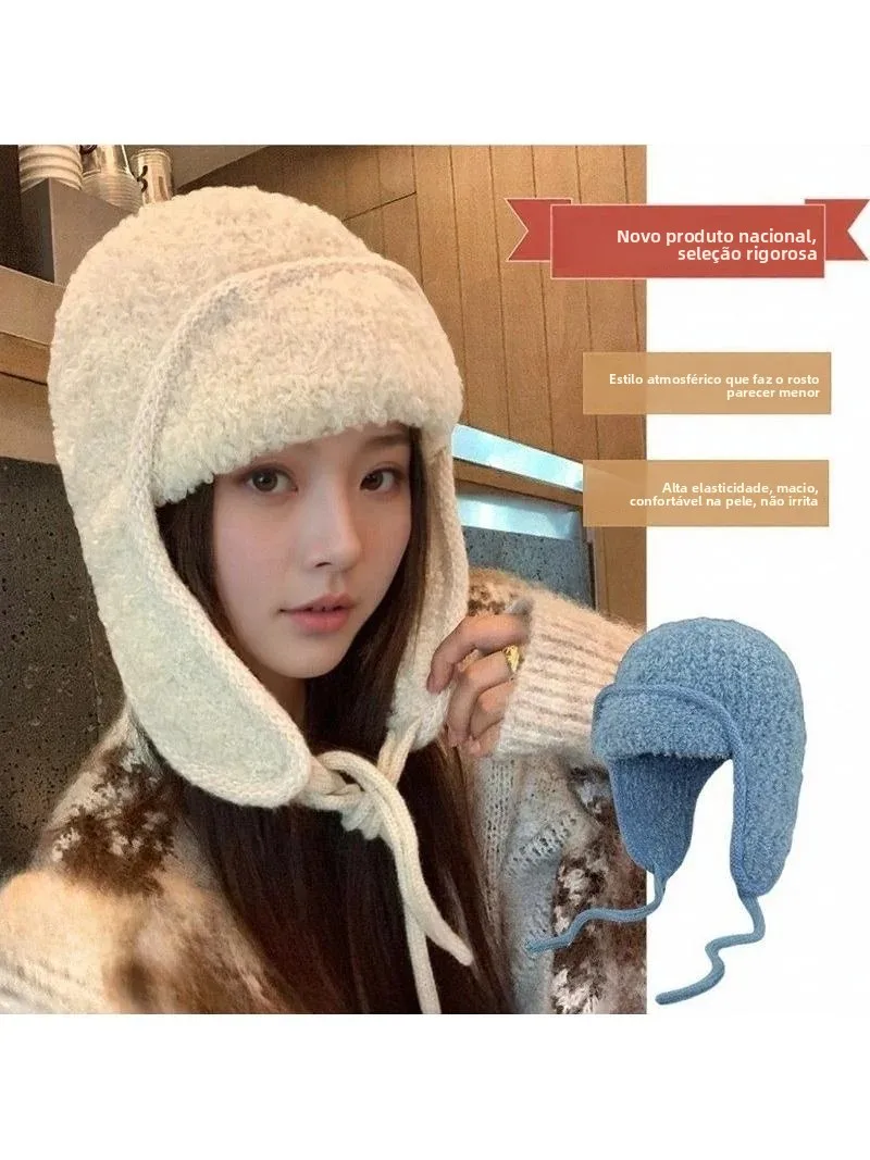 loose-knitted-korean-style-furry-ear-protection-warmth-windproof-large-circumference-woolen-hat-teddy-velvet-flight-cap