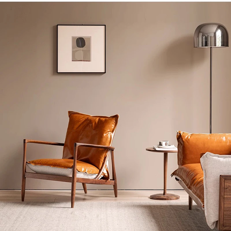 

nordic light luxury chair single armchair first layer cowhide black walnut solid wood chair modern chaises salon furniture