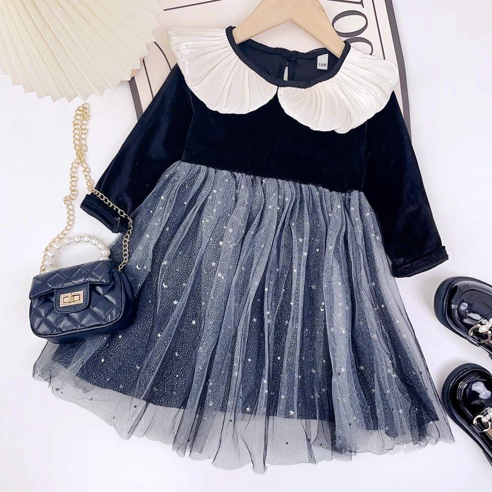 

Korean Fashion 2-6 Years Old Girl Doll Collar Velvet Patchwork Princess Dress Autumn Long Sleeve Kids Vacation Party Clothes