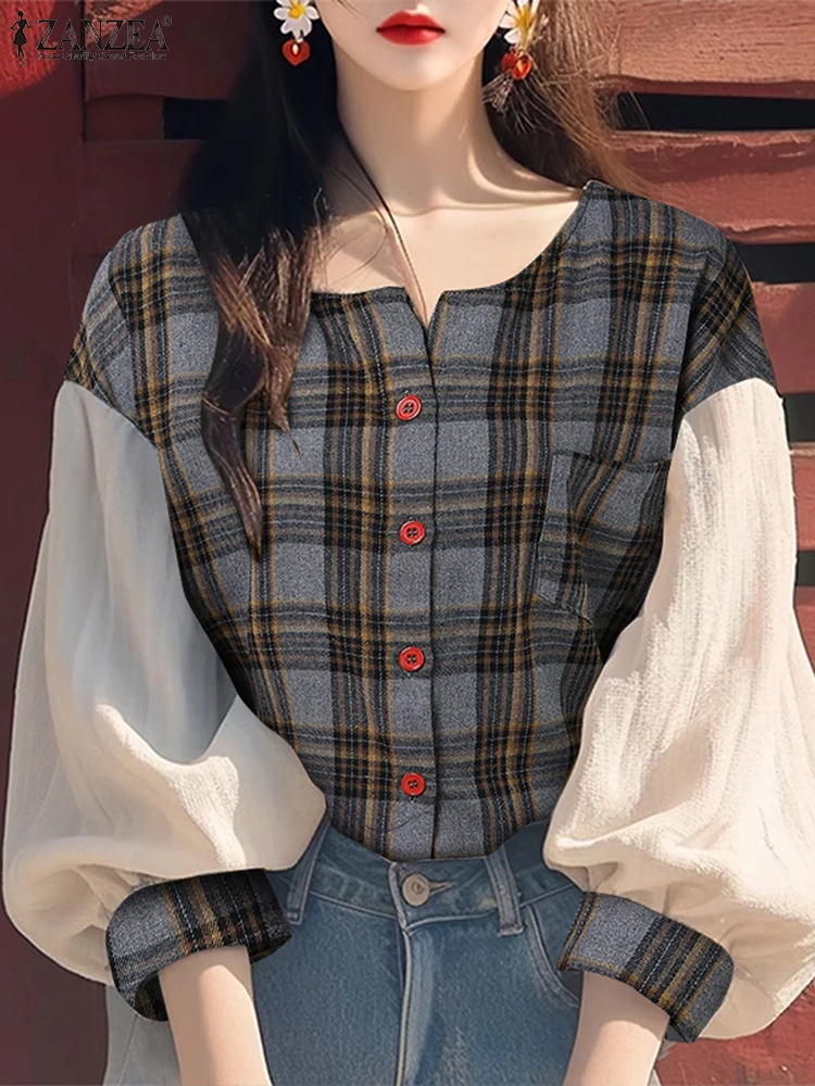 Primavera elegante retalhos camisa de manga longa 2025 zanzea feminino xadrez verificado blusa casual vintage férias blusas feminino festa topo