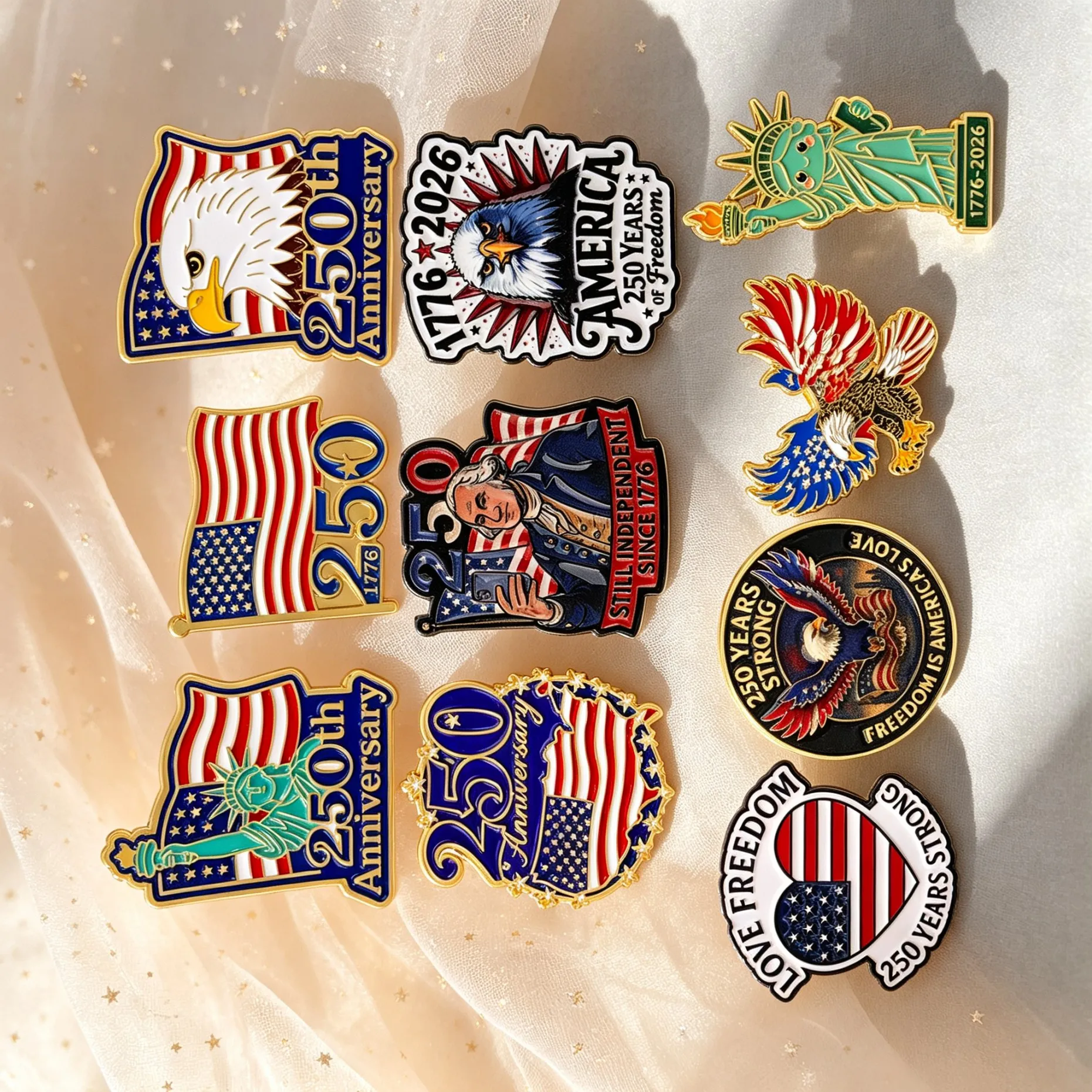 10pcs/set America 250 Years Freedom Enamel Pin Lapel Bag Pins Cartoon Badges on Backpack Brooch for Clothes Jewelry Gifts Friend