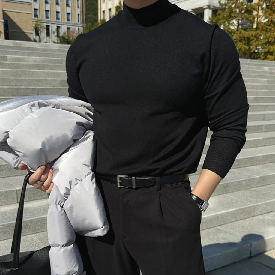 

Мужской приталенный вязаный свитер с высоким воротником из шерсти и модала, повседневный, с длинным рукавом, для зимы