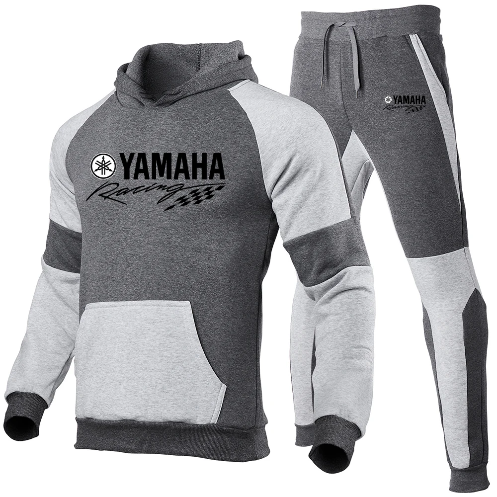 2025 New Yamaha Men's High Quality Splicing Hoodie Sportswear Cotton Top and Pants Sports Running Two Piece Set