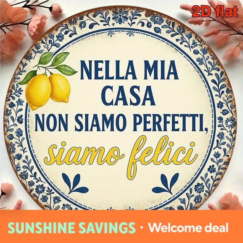 Vintage Italian Wooden Wall Decor - 2D Flat Round 8x8in, Lemon Theme Kitchen Sign with Italian Quotes for Dining Room Living