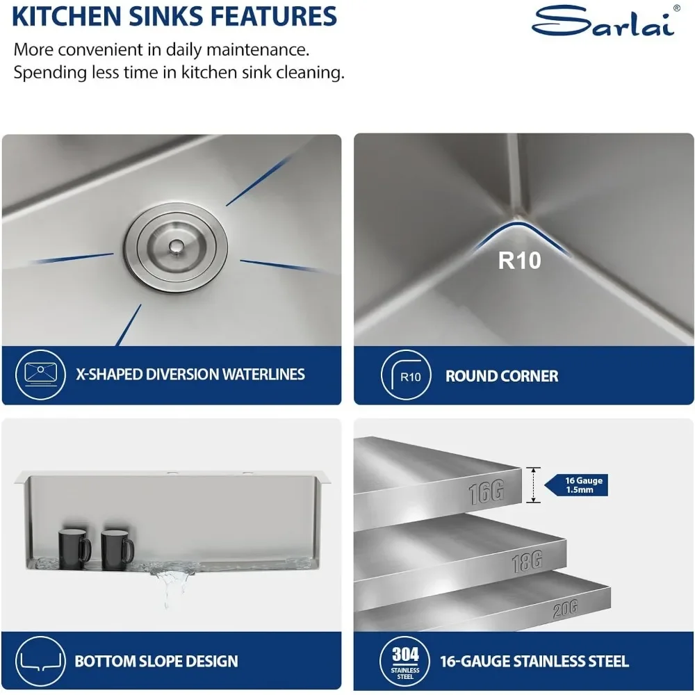 33 Kitchen Sink Drop In - Sarlai 33 x 22Inch Kitchen Sink Topmount 16 Gauge Stainless Steel Deep Single Bowl Above Counter Basin