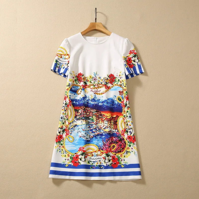 

European and American women's dress 2023 summer new style Round neck studded with beads Short sleeve beach print Fashion dress