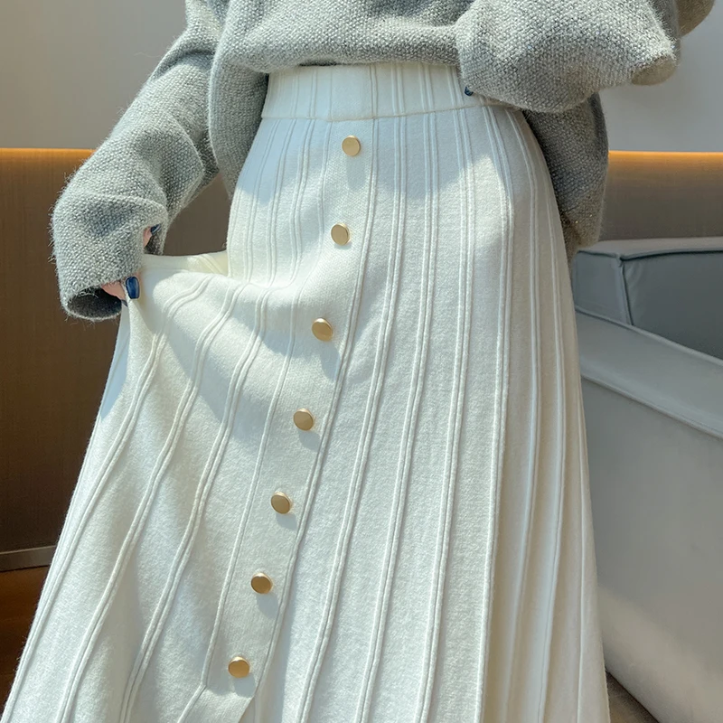 Saias de malha com babados e bainha com botão frontal para mulheres outono saia suéter com fenda evasê em material macio e drapeado