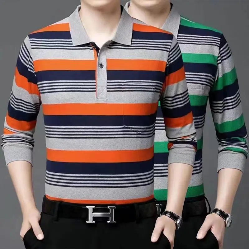 Two Pack Men Cotton Stripe Polo Shirts Spring Autumn New Streetwear Fashion Business Casual Versatile Basic Male Long Sleeve Top