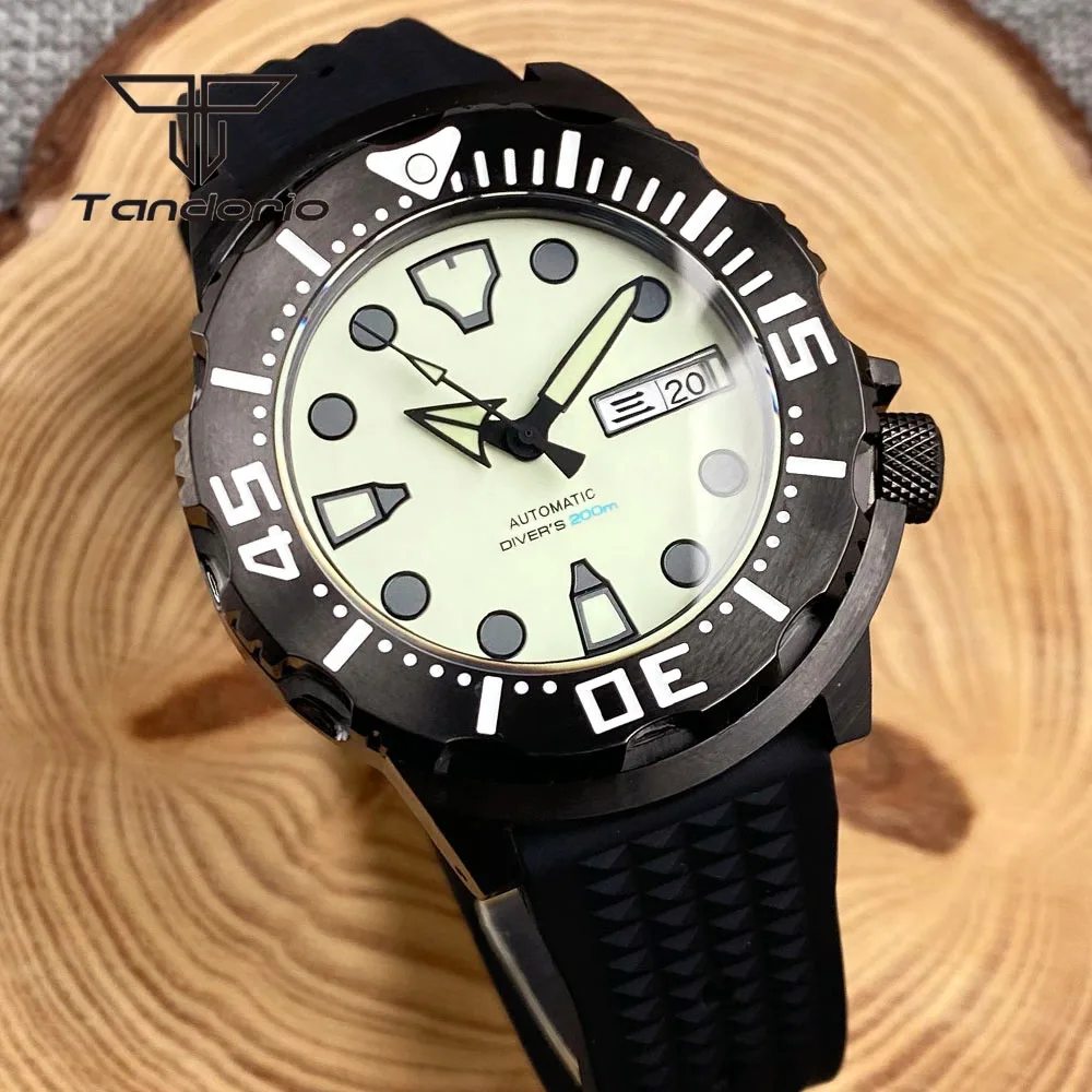 Tandorio Full Green Luminous Wristwatch NH36 Week Date 42mm Monster Black Case 20BAR Dive Automatic Men Watch AR Sapphire Glass