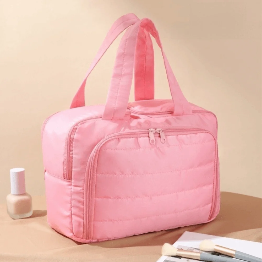 

Solid Color Handheld Cosmetic Bag Nylon Thickened Portable Toiletry Bag Multi-layered Korean Style Make Up Pouch Bag Women
