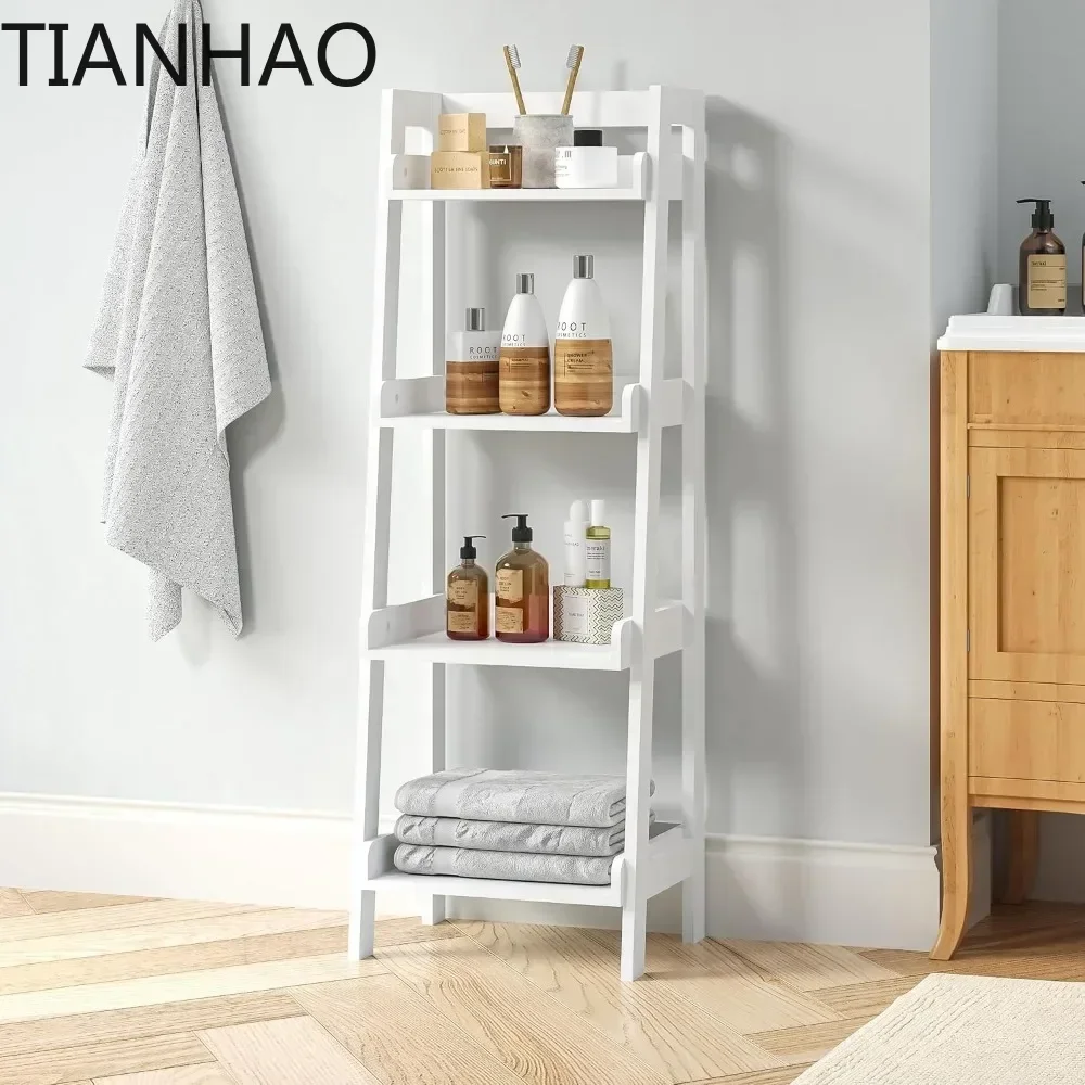 4-Tier Ladder Shelf, Bathroom Shelf Freestanding, 4-Shelf Spacesaver Open Wood Shelving Unit, Ladder Shelf (White)SHUN