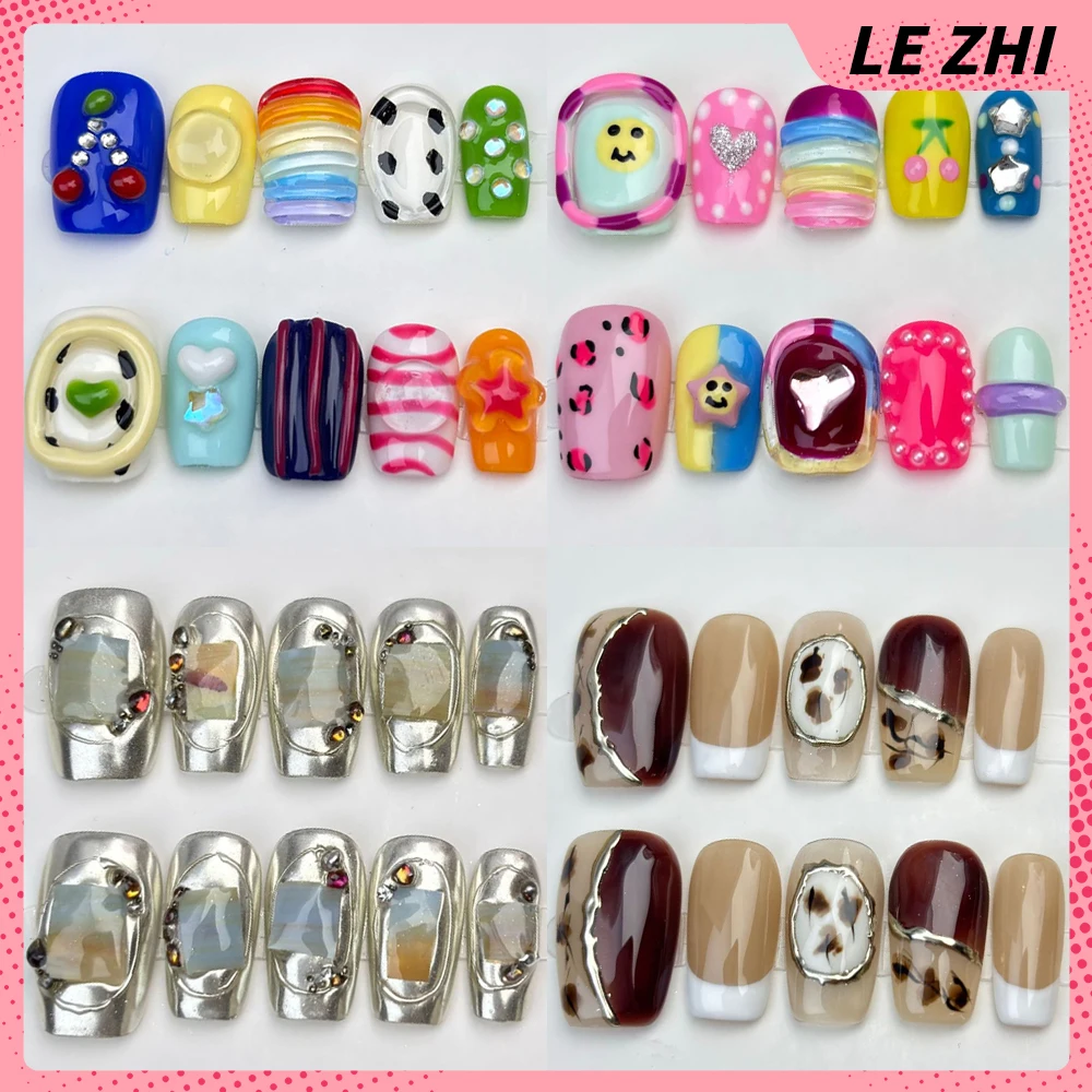 

High Quality Vintage Short Detachable Full Cover Fake Nail Hand-Painted Flowers Bowknot Pearl Design Square Round Fake Nail Gift