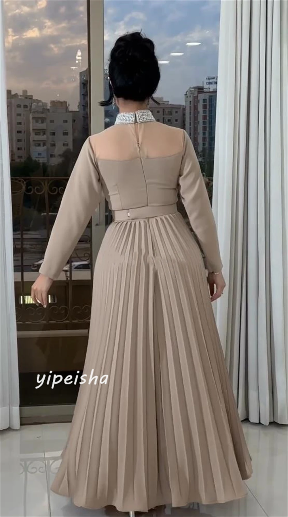 Customized Evening  Sexy Casual  Chiffon Beading Draped Pleat Wedding Party A-line High Collar Bespoke Occasion Gown Midi Dresse