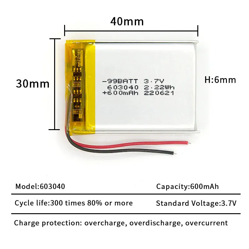 1-10pcs 603040 Battery 600mAh 3.7V Rechargeable Lithium Polymer Batteries Ph2.0 Plug for GPS LED Lights Toys Audio Equipment