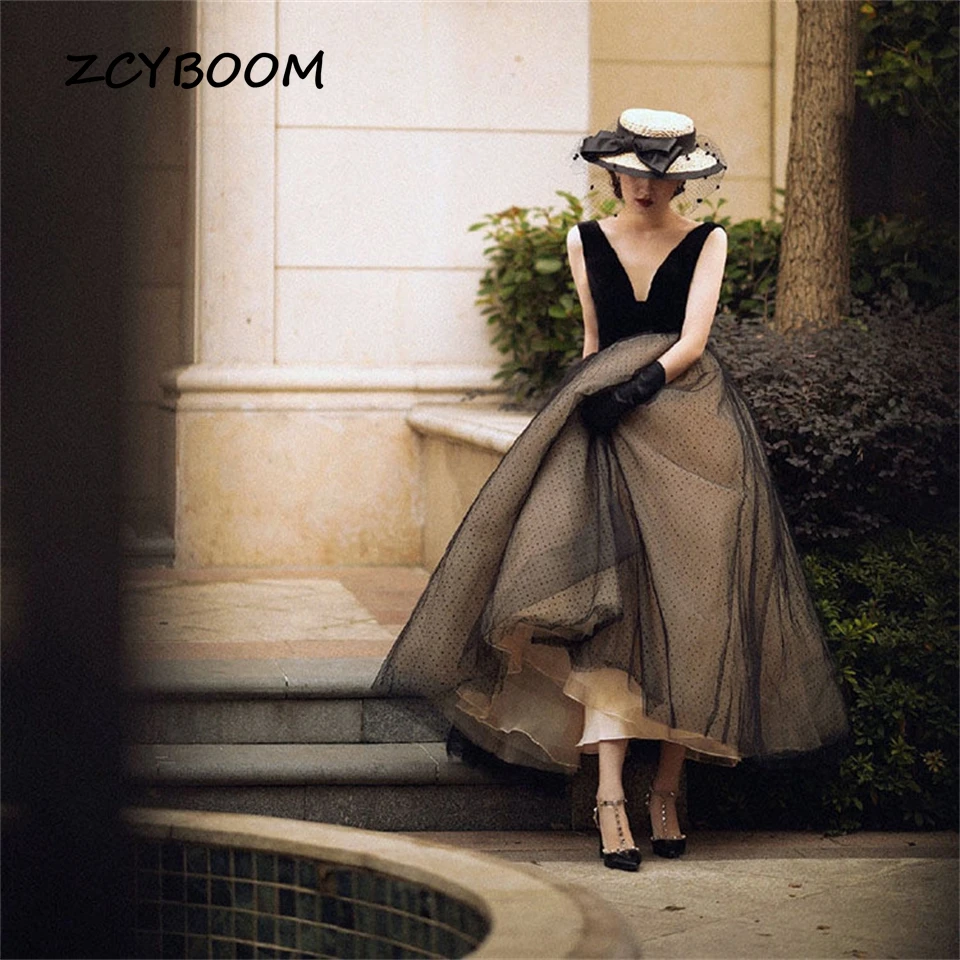 

Vintage Black Deep V-neck Backless Tank Polka dot Ball Gown 2024 Formal Evening Dresses for Women Party Dresses Prom Dress