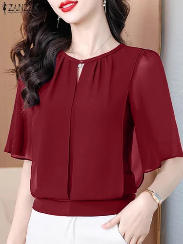 Imagen 2 del producto ZANZEA-Blusas elegantes de gasa para Mujer, Blusas transparentes de media manga con cuello redondo de verano 2025, Top elegante para Mujer