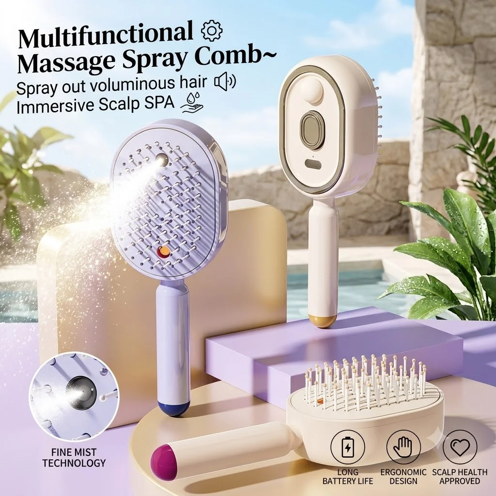 Electric Spray Air Cushions Massage Comb 3 in 1 Self Cleaning Steam Essential Oil Brush Rechargeable Spray Scalp Massager Combs
