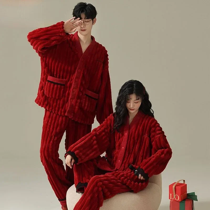 2024 New Coral Velvet Couple Pajama Newly Married Women Men Autumn Winter Loungewear Plush Red Wedding Plus Velvet Plus Homewear