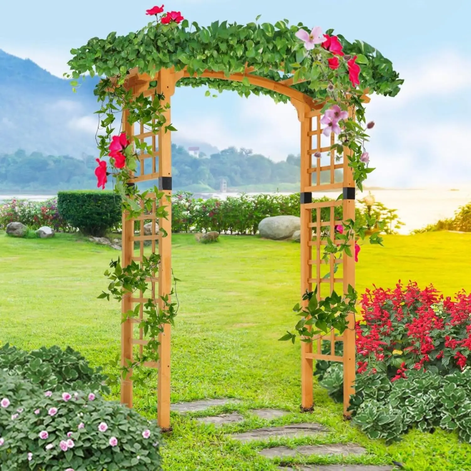 Backyard Trellis Arbor Wooden Arch Pergola Ground Stake Garden Flower Plant