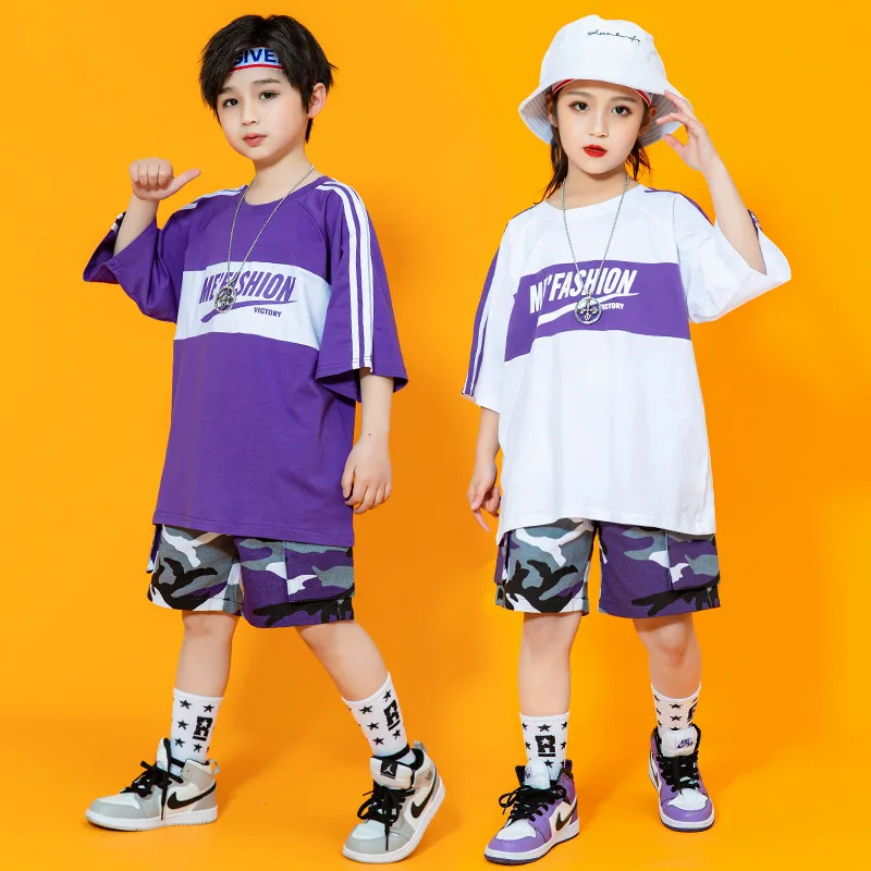 

Kids Hip Hop Purple T-shirt Street Dance Camouflage Cargo Shorts Boys Summer Clothes Sets Girls Streetwear Child Jazz Costumes