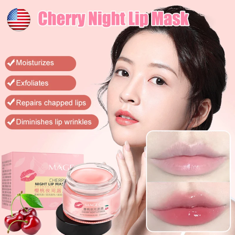 Memberi nutrisi hidrasi pelembap bibir perbaikan tidak berminyak mencerahkan garis bibir untuk menghilangkan kulit mati Cherry masker bibir malam