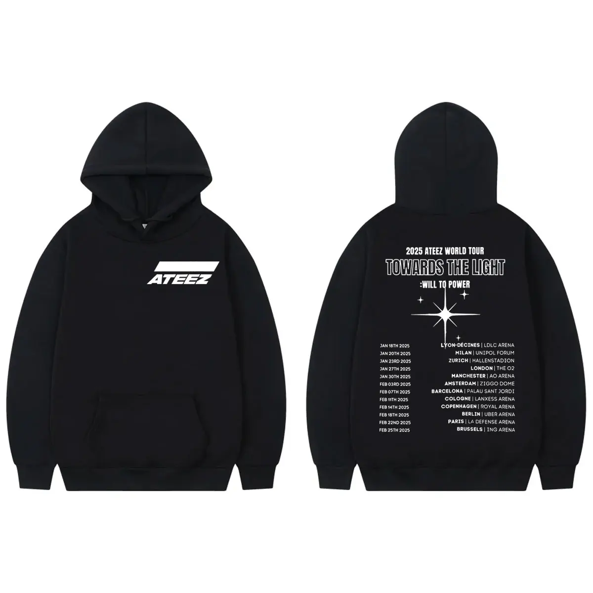 

2025 Ateez World Tour Double Sided Print Hoodie Fashion Hip Hop Hooded Sweatshirts Men Women Casual Comfort Oversized Pullovers